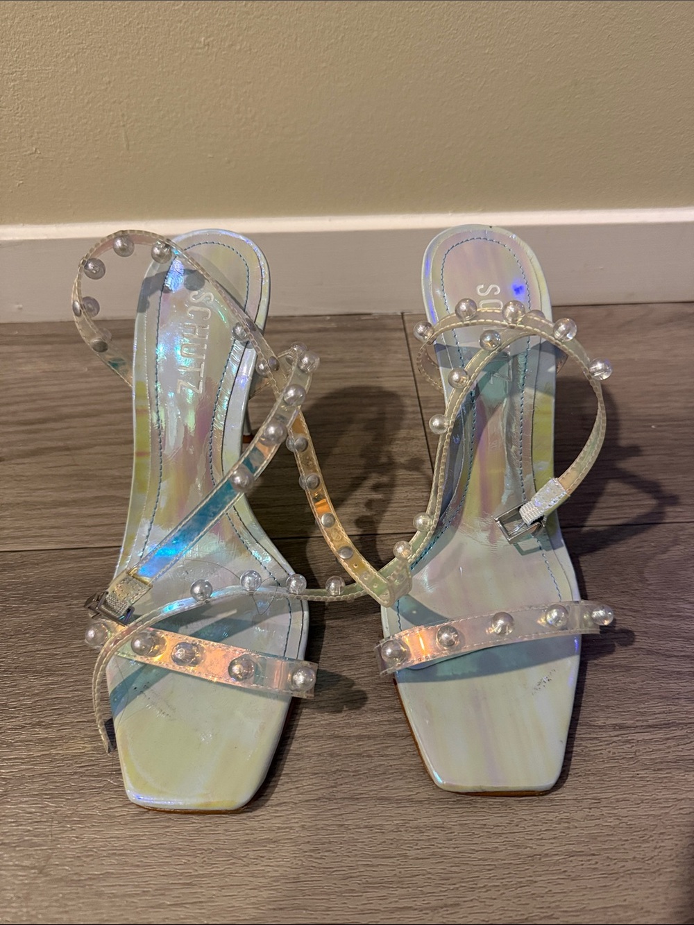Schultz Iridescent Pearl-Accent Strappy Heels